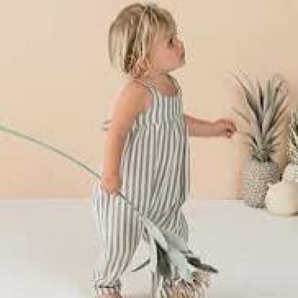 Rylee + Cru Gigi Romper Storm Stripe Blue Cream Cotton 0-3 months NWT - Picture 1 of 9
